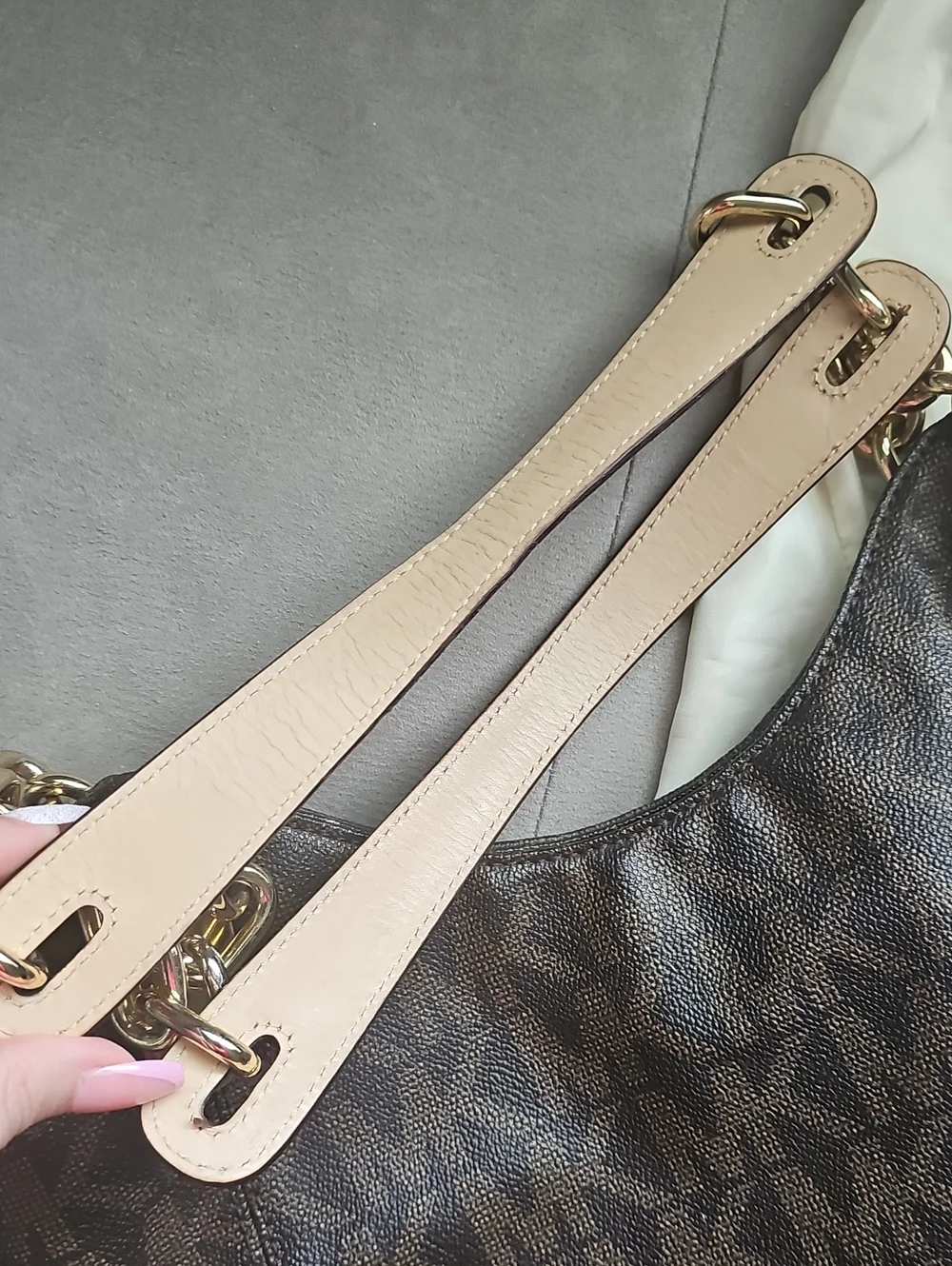 Michael Kors Dark Brown MK Monogram Chain-Handle Lilly Shoulder Bag